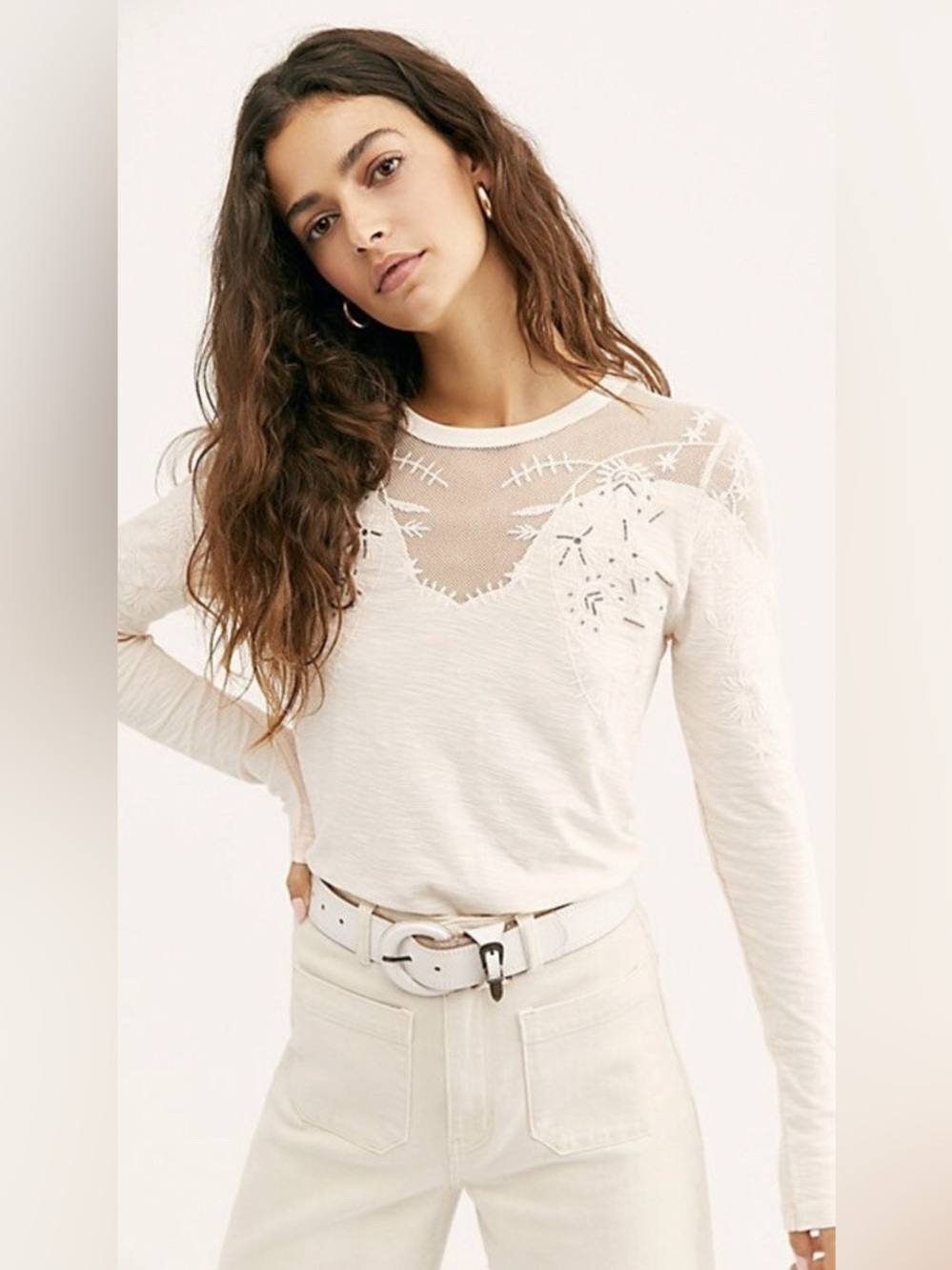 Free people micha pink embellished mesh  long sleeve embroidered top size xs